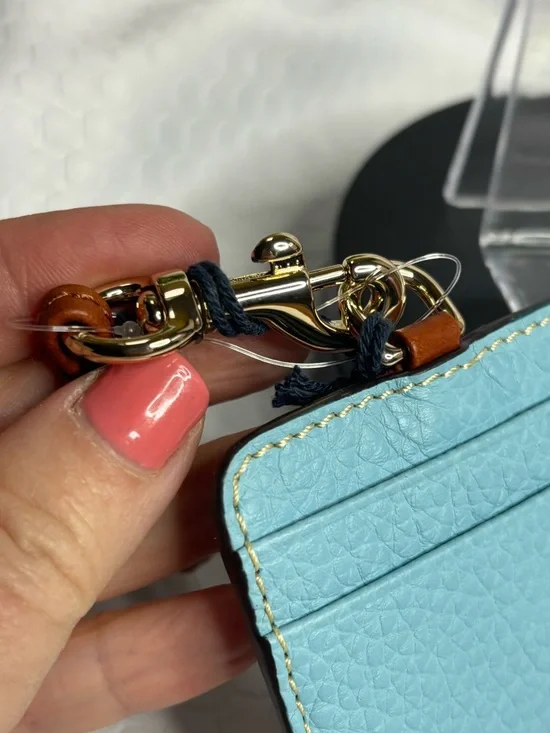 Dooney & Bourke Light Blue Pebbled Leather Card Holder with Brown Strap - Picture 3 of 5